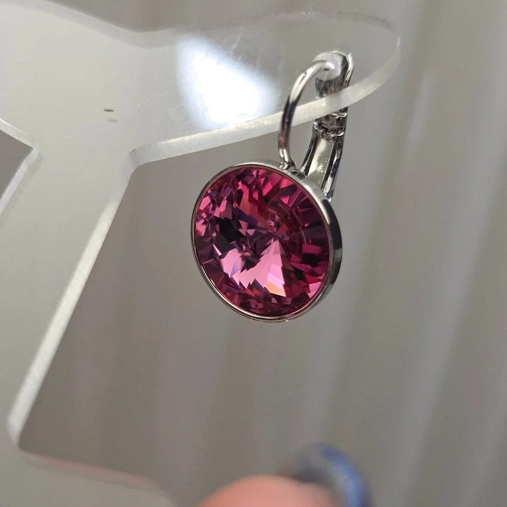 NEW Rose MedPink SwarovskiElements Crystal LeverbackEarrings13mmPlatinum Plated!